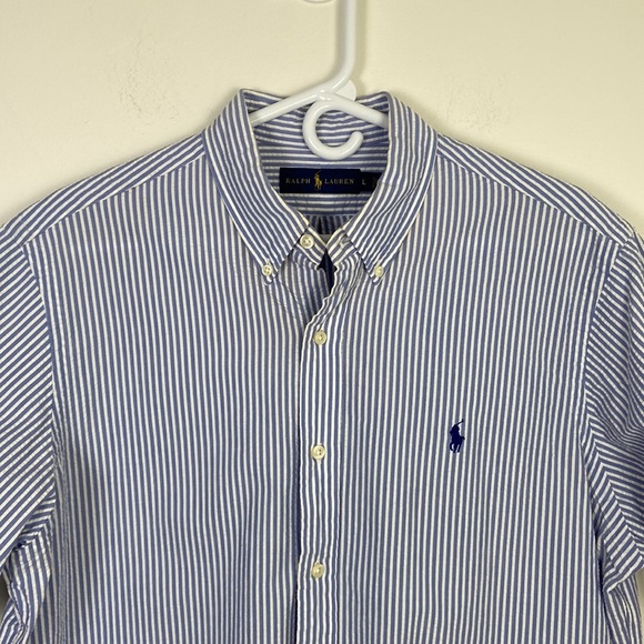 Ralph Lauren Men's Large Short Sleeve Button Up Seersucker Striped Shirt Preppy - Picture 3 of 6